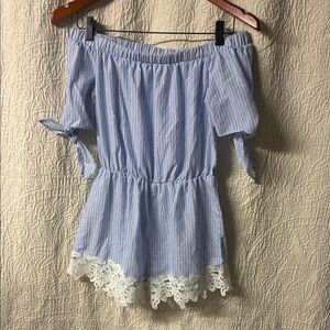 Haute Monde Light Blue Striped Off-Shoulder Romper with Lace Hem
